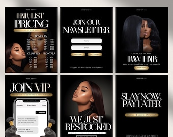 Puede incluir: Un collage de seis flyers de redes sociales que anuncian extensiones de cabello y productos para el cuidado del cabello. Los flyers presentan imágenes de mujeres con cabello largo y fluido y texto que promociona los productos y servicios que se ofrecen. El texto incluye frases como "Hair List Pricing", "Join Our Newsletter", "Experience the Best Raw Hair", "Join VIP", "We Just Restocked" y "Slay Now, Pay Later".
