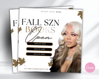 Fall Hair Flyer Template | Fall SZN Books Open Flyer | Editable Canva Template | Hairstylist Autumn Booking Flyer | Beauty Booking | Lashes