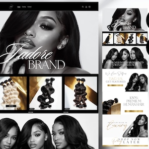 May include: A website layout for Jadore Brand featuring black and white photography of individuals with long dark hair, product images of hair extensions in various colors and textures, and text elements including Shop Now and Premium Human Hair.