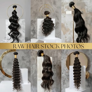 May include: Six bundles of different types of human hair extensions displayed on white stands. The hair is black and has a variety of textures, including straight, wavy, and curly. The hair is displayed on a white background with a gold banner that reads "RAW HAIR STOCK PHOTOS".
