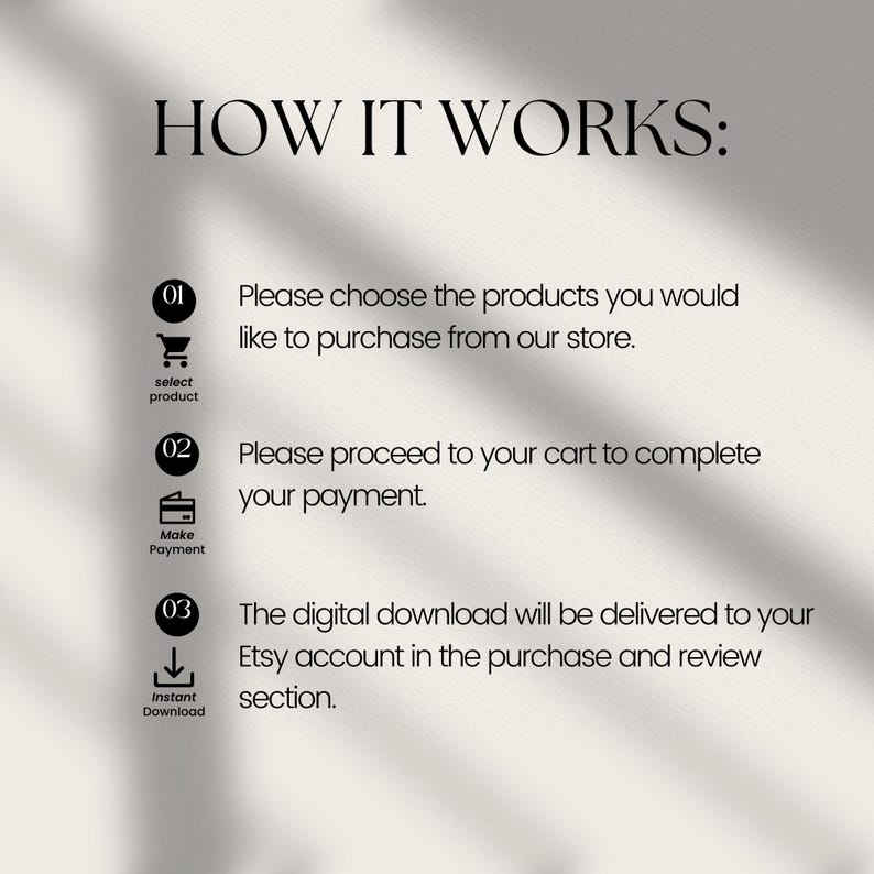 May include: An instructional graphic titled HOW IT WORKS with three steps. Step 01 shows a shopping cart icon to select products. Step 02 shows a credit card icon to make payment. Step 03 shows a download icon for instant digital delivery to Etsy.