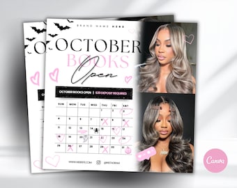 October Booking Calendar Flyer | Halloween Hair Flyer Template | Editable Canva Template | Hairstylist Availability Calendar | Pink October