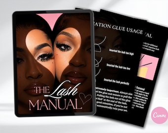 Op de afbeelding: Een digitale handleiding getiteld The Lash Manual weergegeven op een tabletscherm, met een close-up van twee gezichten met lange wimpers. De tweede pagina toont tekst over lijmgebruik en verwijdering, inclusief diagrammen voor wimperplaatsing.