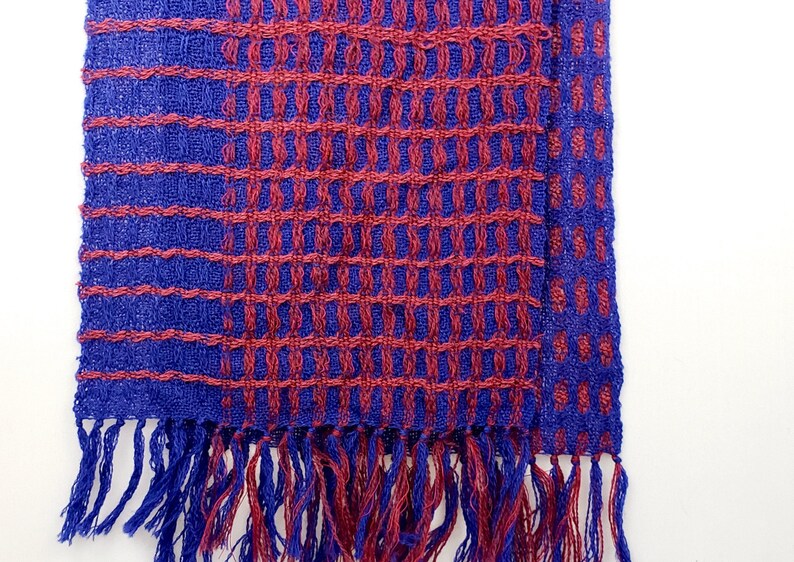 Handwoven Wool Table Runner, Deflected Doubleweave in Red and Blue image 4