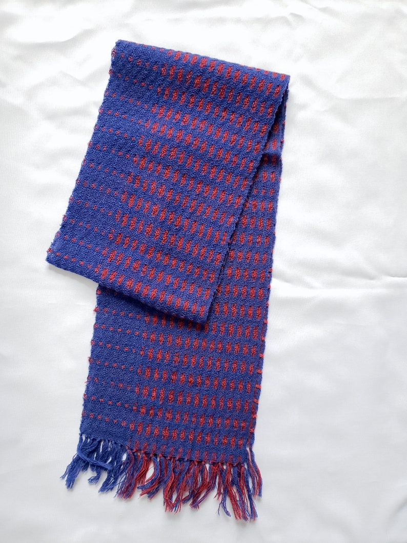 Handwoven Wool Table Runner, Deflected Doubleweave in Red and Blue image 1