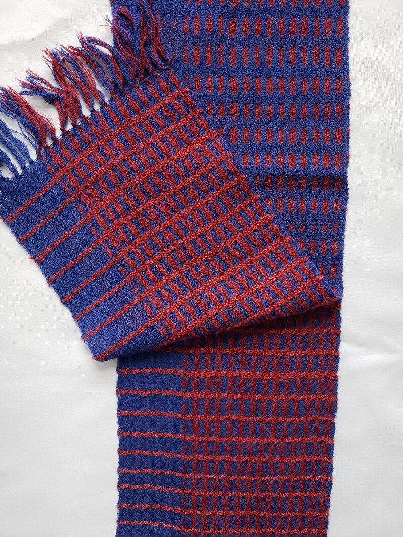 Handwoven Wool Table Runner, Deflected Doubleweave in Red and Blue image 3