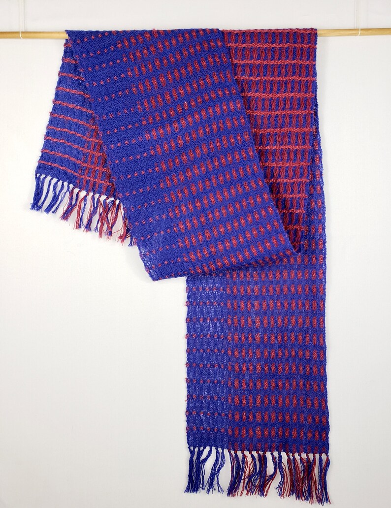 Handwoven Wool Table Runner, Deflected Doubleweave in Red and Blue image 2