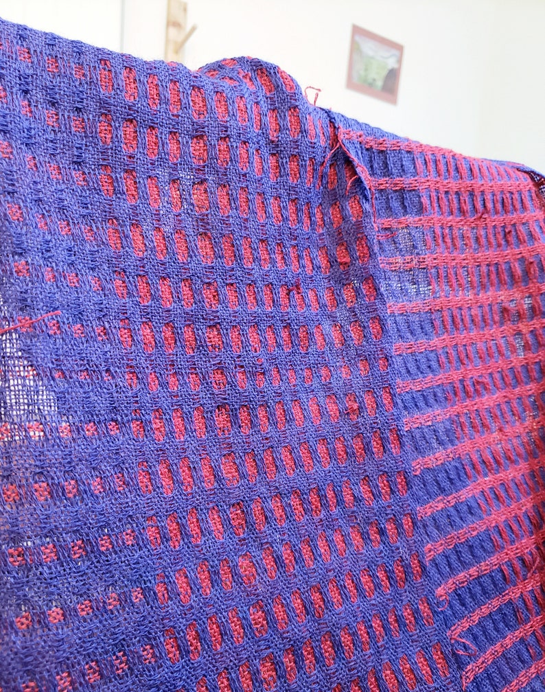 Handwoven Wool Table Runner, Deflected Doubleweave in Red and Blue image 5