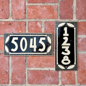 House Numbers Address Sign – Classic Dark Background Ceramic Plaque – Custom Sgraffito Tile