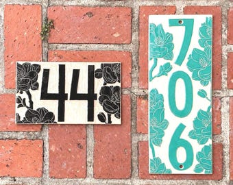 Magnolia Address Sign – Custom House Numbers – Ceramic Floral Tile – Outdoor Plaque