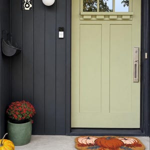 May include: A sage green front door with a rectangular window pane, set against dark charcoal vertical siding. Features include a brass handle, a double globe wall light, a house number plaque reading 2408, a pumpkin-themed doormat, and pumpkins.