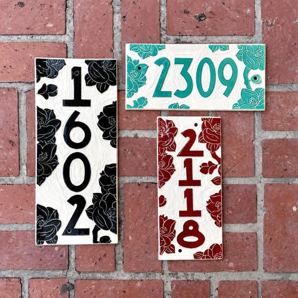 Magnolia Address Sign – Custom House Numbers – Ceramic Floral Tile – Outdoor Plaque