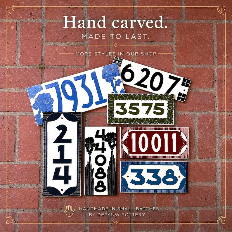 May include: A collection of rectangular ceramic house number plaques featuring various designs, including blue floral patterns, black numbers on white, green borders, and red or blue frames, with text reading Hand carved. MADE TO LAST.
