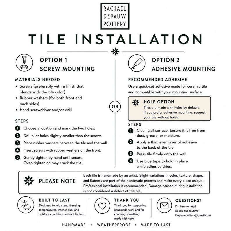 May include: An instructional guide for Rachael Depauw Pottery tile installation, detailing two mounting methods: screw mounting with rubber washers and adhesive mounting. The document outlines steps, materials, and notes on handmade variations.