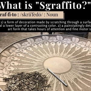 May include: A ceramic bowl featuring a sgraffito floral design with a metal carving tool and clay shavings. The text reads: What is Sgraffito? sgraf&middot;fi&middot;to : /skr&auml;ˈfēdō/ : Noun 1) a form of decoration made by scratching through a surface to reveal a lower layer of a contrasting color. 2) a painstakingly detailed art form that takes hours of attention and fine motor skills.