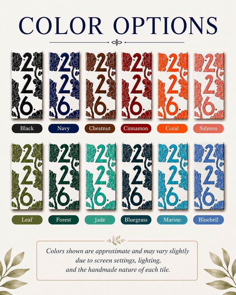 May include: A color chart displaying twelve rectangular tiles, each featuring the number 226 and a floral relief pattern. The tiles are shown in black, navy, chestnut, cinnamon, coral, salmon, leaf, forest, jade, bluegrass, marine, and bluebell.