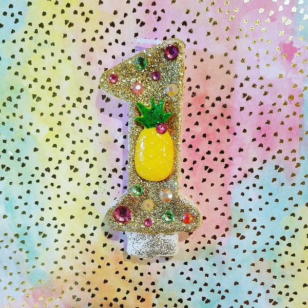 Gold Glitter Rhinestone, Turquoise, Pink, Green Tropical Pineapple, Tutti Frutti,  First 1st Birthday Candle, Made to Order