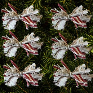 Messy Tattered Primitive Bow Rustic Shabby Bow Decor Coffee Dyed Fabric Crafts Farmhouse Christmas Ornament Bow Set of 6