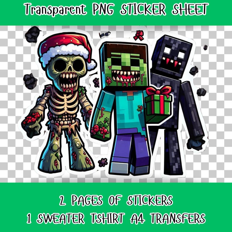 3A4 Spooky Christmas Minecraft Transfers. Steve, Enderman & Skeleton