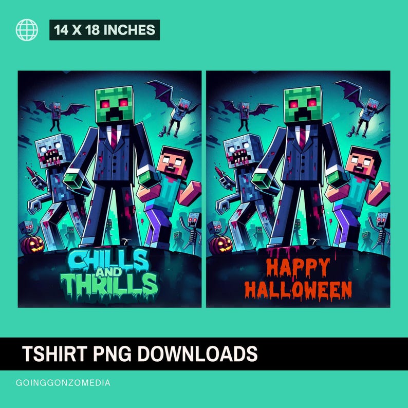 5 Minecraft Steve & Zombies Halloween Tshirt Graphics. PNG 14x18 Prints