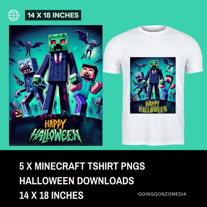 5 Minecraft Steve & Zombies Halloween Tshirt Graphics. PNG 14x18 Prints