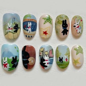 Kawaii Dog Press On Nails Scenic Designs, Whimsical Storybook Gas pard Art Nail Set, Fun Colorful Nails for Animal Lover, Cartoon Nails