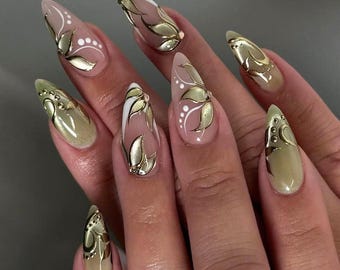 Boho Green Gold Flower Nails, Luxury Press On Nails, Hand Made Elegant Press Ons, Faux Acrylic Nails, Daily Nails, Custom Press On Nails