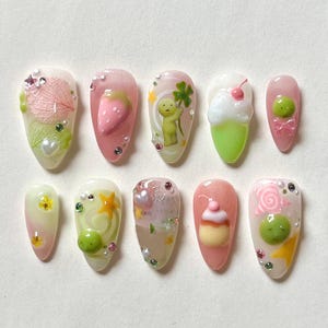 Kawaii Smiski Press On Nails | Fun and Playful Acrylic Nails | Smiski and Dessert Nail Art | Adorable Fake Nails, Gift For Her