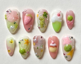 Kawaii Smiski Press On Nails | Fun and Playful Acrylic Nails | Smiski and Dessert Nail Art | Adorable Fake Nails, Gift For Her