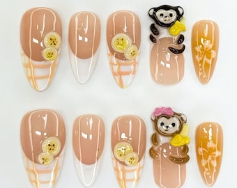 Kawaii Banana Monkey Press On Nails, Cute 3D Fruit Acrylic Nails, Handmade Cartoon Nail Art, Fun Fruit Press On Nails, Summer Nails, Beach