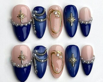 Celestial Star Blue Press On Nails, Luxurious Navy Nails with Pearls and Gold Design, Starry Night Custom Daily Nail Set, Gift For Mom