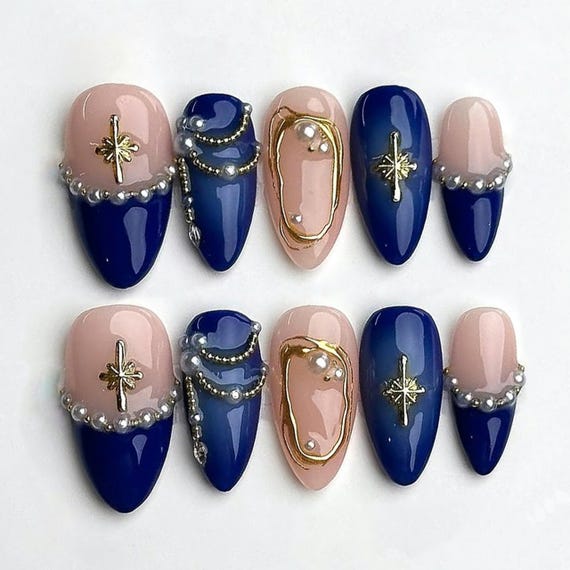 Celestial Star Blue Press on Nails, Luxurious Navy Nails With