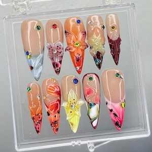 Unhas de pressão floral, unhas de pressão coloridas de primavera, unhas de arte pintadas à mão personalizadas, unhas de acrílico, unhas de casamento, unhas de flores