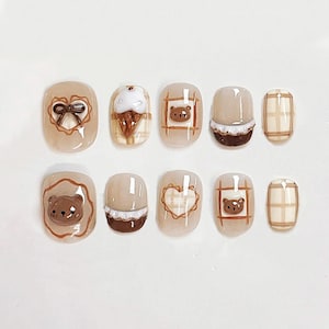 Kawaii 3D Press-On Nails, Cute Bear with Dessert Nail Art, Playful Kawaii Press On Nails, Cafe Handmade 3D Nail Set, Press Ons