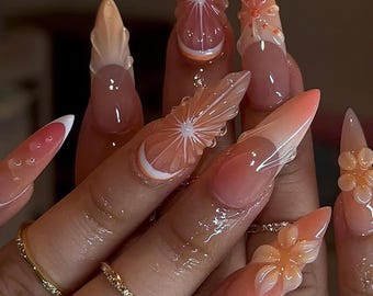 Juicy Fruit Press On Nails, Ocean Summer Vibes with Flower and Orange Nail Art, 3D Gel Nail Set for Beach, Ocean, Party, Gifts for her