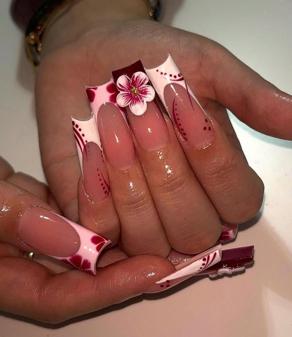 Chic Maroon Floral Tip Nail Look