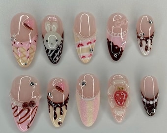Cute Handmade Press On Nails | 3D Bunny And Candy, Chocolate Design Acrylic Nails | Custom Hand-Painted Fake Nails | Nail Art | Candy Cotton