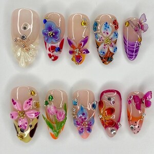 Colorful Flower Garden Press On Nails | Vibrant Bloom Floral Fake Nails | Butterfly & Flower Nail Art | Floral Fantasy Acrylic Nails rainbow