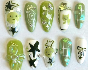 Kawaii Smiski Press On Nails | Fun and Playful Acrylic Nails | Smiski Star Nail Art | Adorable Fake Nails, Gift For Her, salon quality nails