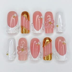 Luxury Bridal 3D Flower Press On Nails, Gold & White Floral Press Ons, Hand-painted Floral Nail Art, Wedding Fake Nails, Formal Occasions