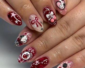 Red Snoopy Press On Nails: Cute Holiday Nail Art with Bow & Cartoon Design, Valentine Cartoon Design with 3D Pearls and Stars, Nail Art