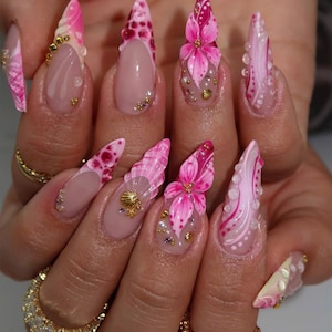 Tropical Flower Press On Nails, Air Brush Pink Floral Nail Art, 3D Floral and Mermaid Nails Press on for Beach, Party, Summer Vibes Nails