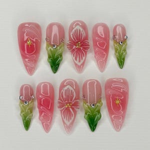 Unhas de pressão de jardim de flores artesanais, arte de unha floral rosa com aerógrafo, unhas de flores de orquídea pintadas à mão personalizadas, unhas postiças, unhas de pressão sonhadoras