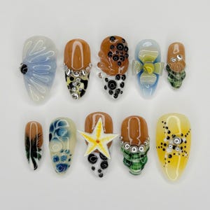 Ocean Creature Press On Nails, Handmade 3D Starfish, Coral Jellyfish Nails Design, Custom Marine Fake Nails, Summer Coastal Vibes Nail Set