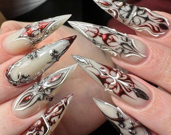 Metallic Gothic Armor Nails, Dark Handmade Press On Nails with Red and Chrome 3D Design, Edgy Faux Nails, Sculpted Nail Art, Chrome Nails