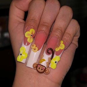 Kawaii aap banaan pers op nagels, schattige 3D fruit acrylnagels, handgemaakte zomernagelkunst, leuke fruitnagels pers voor zomer strandfeest