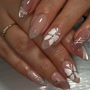 Anéis de flores de primavera personalizados, unhas postiças elegantes pintadas à mão, unhas fofas e sofisticadas, unhas postiças artísticas, unhas premium reutilizáveis