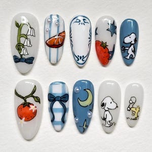 Uñas acrílicas divertidas y divertidas con dibujos animados kawaii, uñas postizas, regalo para ella, uñas de salón.