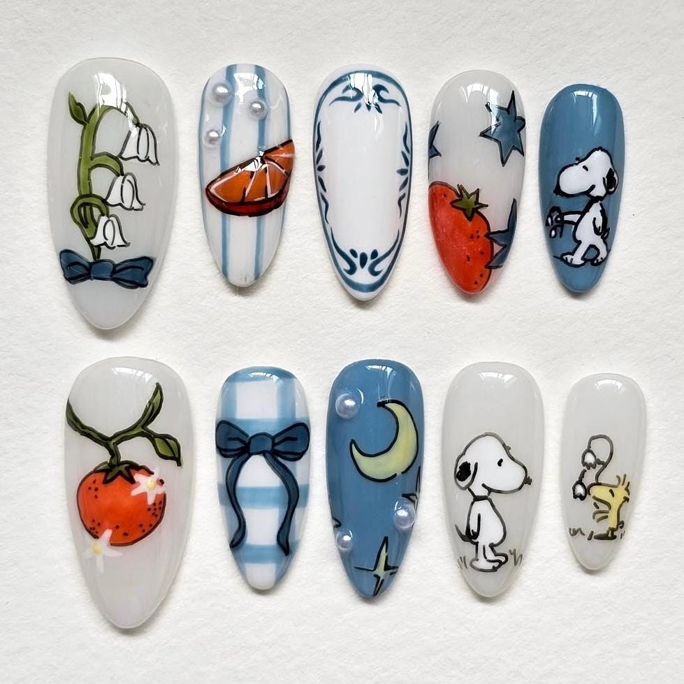 Kawaii Cartoon Press On Nails, Fun and Playful Acrylic Nails, Cartoon Characters Nail Art, Fake Nails, Gift For Her, salon quality nails