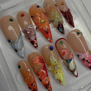 Unhas de arte de flores 3D, unhas de pressão de flores coloridas de primavera feitas à mão, unhas florais de gel pintadas à mão, unhas de acrílico, unhas reutilizáveis